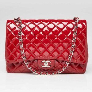 Chanel Red Quilted Patent Leather Classic Maxi Double Flap Bag